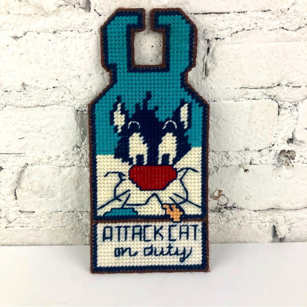 Vintage Looney Toons Sylvester Attack Cat On Duty Needlepoint Door Art